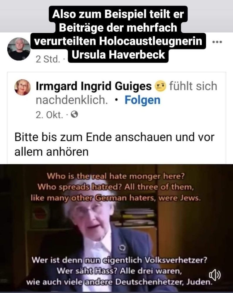 Karl-Heinz Kramer teilt einen Post über die Holocaust-Leugnerin Ursula Haverbeck.