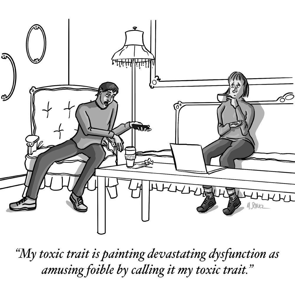 This is a black and white single-panel cartoon signed by M. Schulz. A man and a woman sit across from each other in a café. The man sits in an armchair, leaning to one side while gesturing with one hand and holding a phone in the other, looking animated as he speaks. A takeaway coffee cup and a crumpled tissue sit on the low table between them. The woman sits on a cushioned bench, holding a mug and looking toward him with a neutral expression. An open laptop rests on the table in front of her. The caption at the bottom reads: “My toxic trait is painting devastating dysfunction as amusing foible by calling it my toxic trait.”