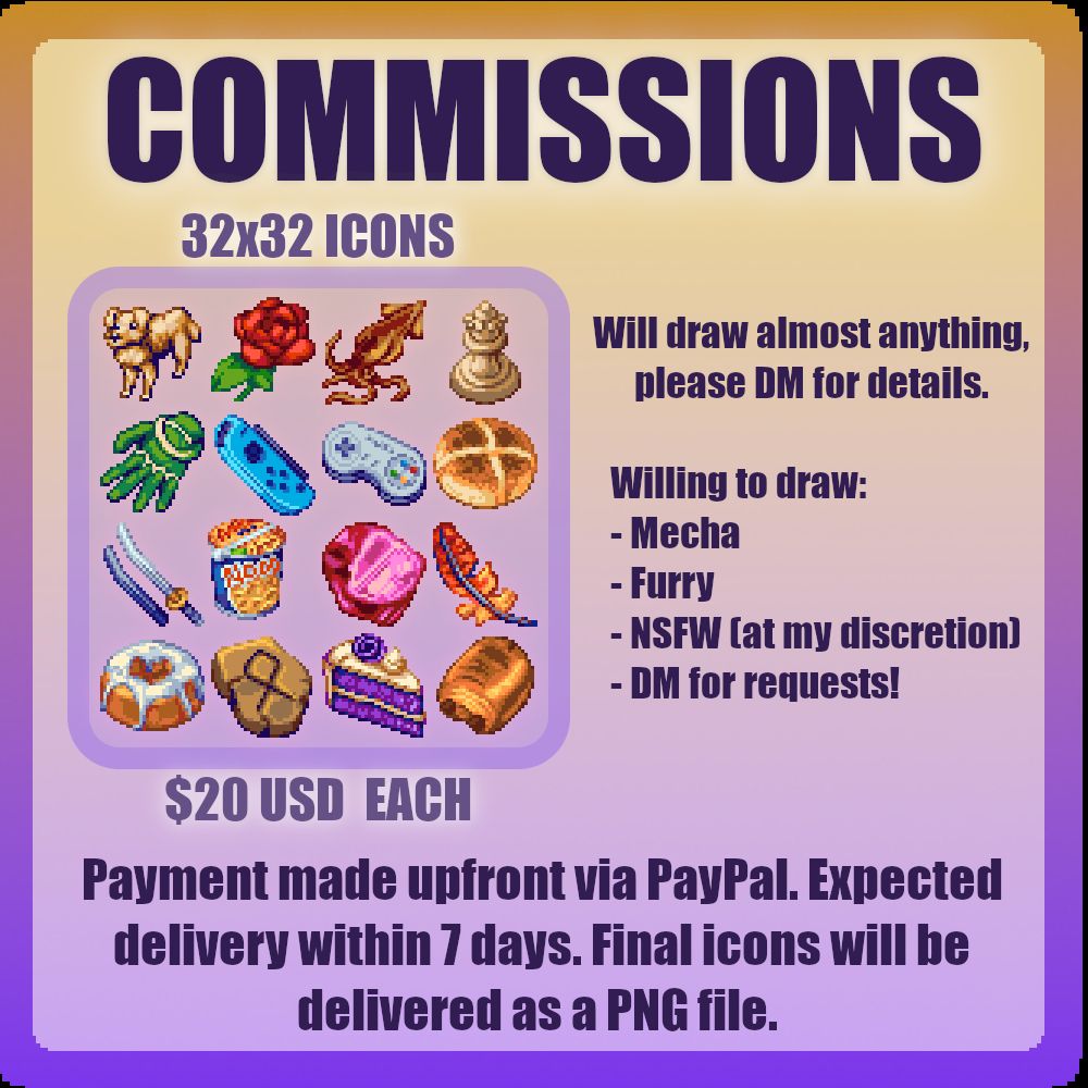 A commissions sheet for pixel art icons. Custom 32x32 icons are available for $20 USD each.