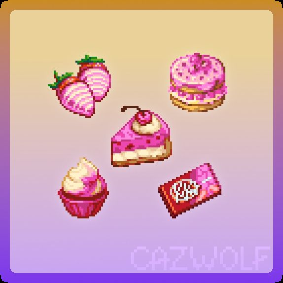 Five 32x32 pixel art icons featuring various sweet treats with pink colours.