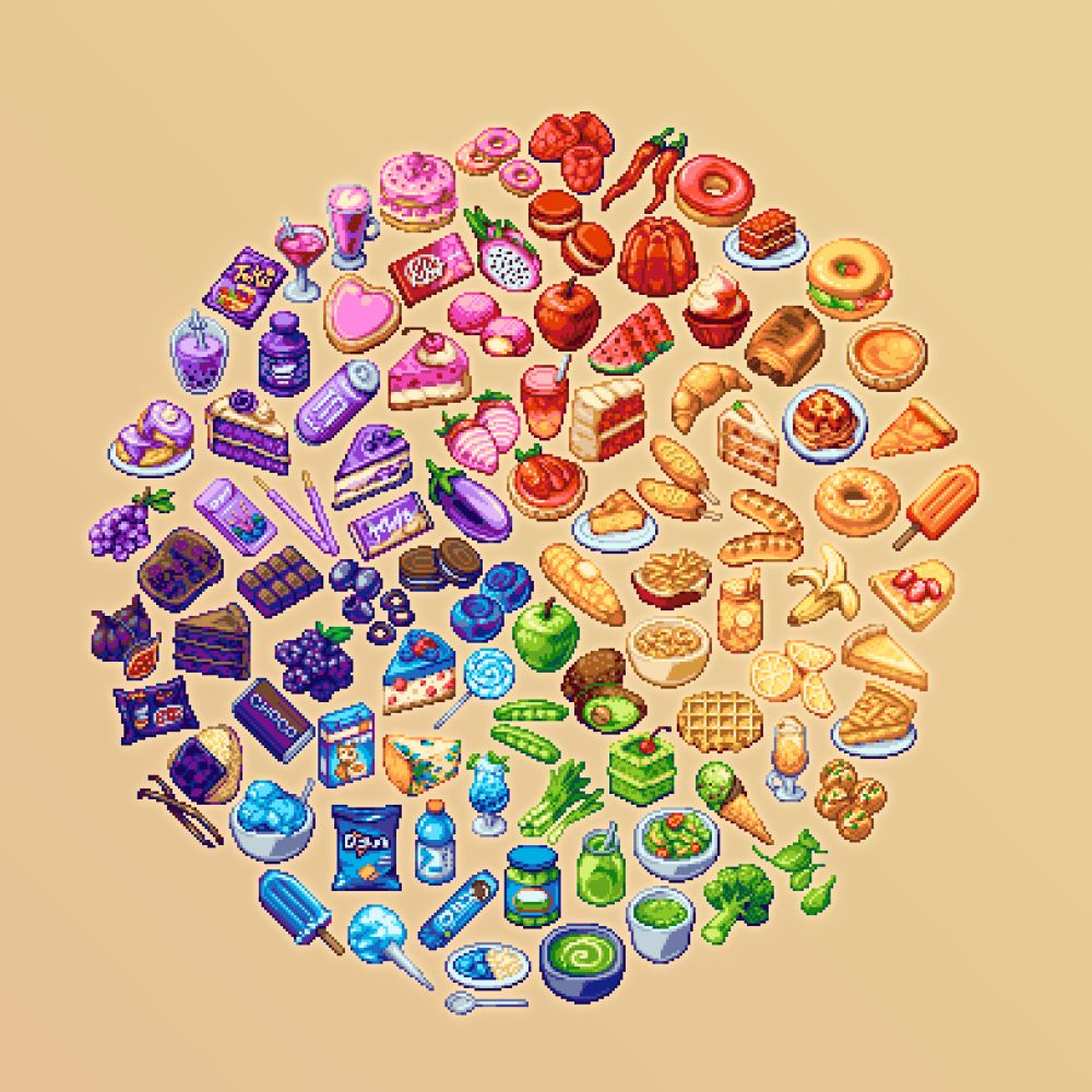 A colour wheel of 32x32 pixel art icons, featuring various foods.