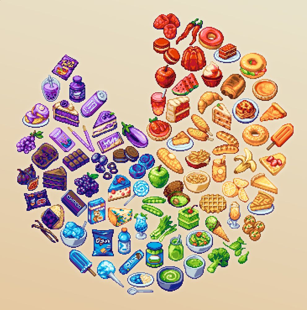 A variety of 32x32 pixel art icons organised by colour in the shape of a wheel.