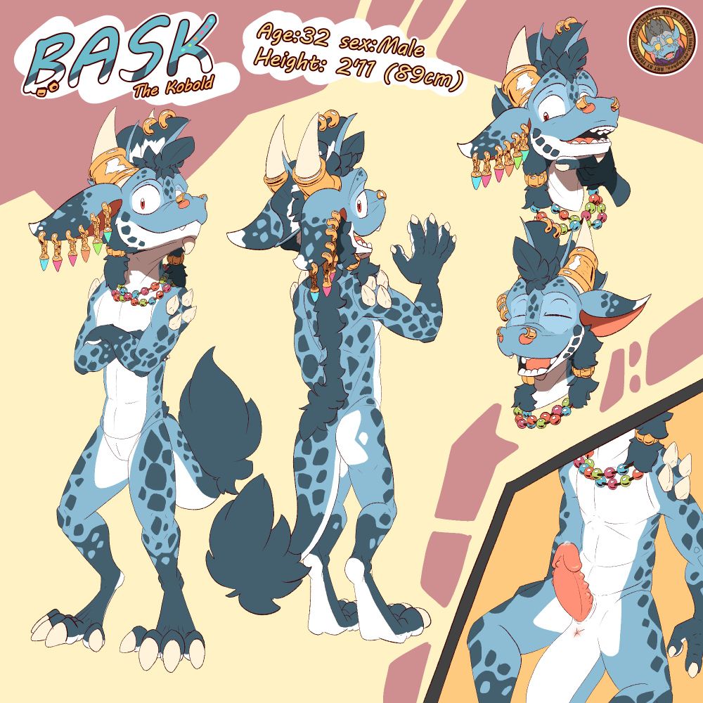 Bask The Kobold
Age: 32 Sex:Male Height 2'11
Description: A blue anthropomorphic lizard with dark blue spots and a white belly, his neck adorned with necklaces and his ears pierced with rows of crystal pendants.