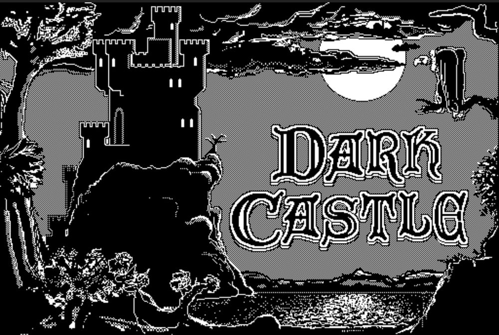 A monochrome splash screen from the ancient computer game Dark Castle