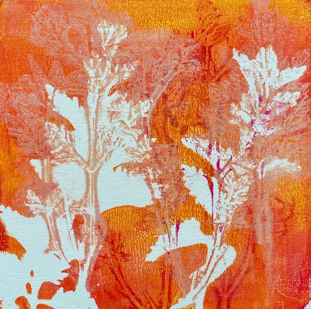 Colorful gel plate print of botanicals in orange and magenta