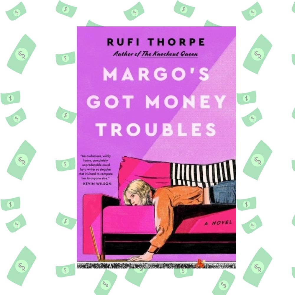 The forefront of the picture is the cover of the book Margo's Got Money Troubles, which has the image of a young blonde woman lying on a pink couch set against a purple background. The background image is of money falling.
