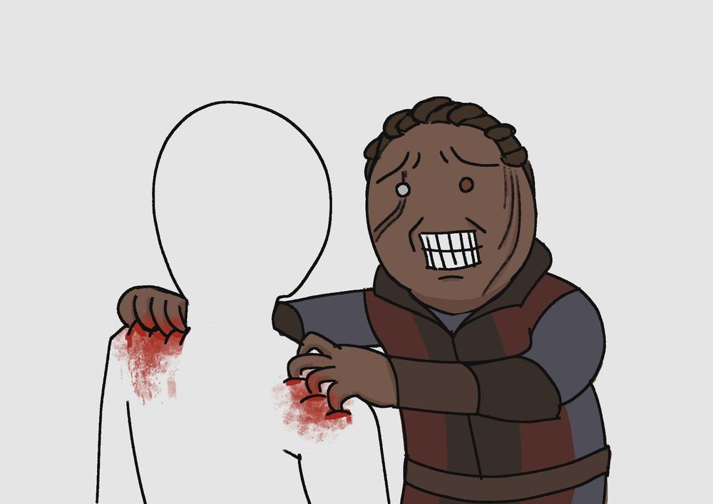 Wyll, a human from Baldurs Gate 3, gripping a persons shoulders tightly until there is blood, with clenched teeth and distressed eyes