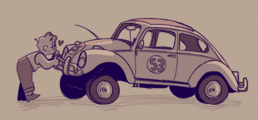 a drawing of a person leaning over to kiss herbie the love bug on his front bumper. herbie's front is lifted up a little from his wheels like he is leaning up for the kiss. there is a heart between them