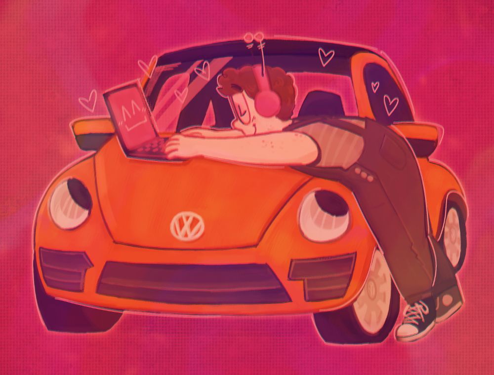 a digital drawing of a person leaning over the hood of a vw beetle from the side, with their arms stretched out toward a laptop that is also resting on the hood. the laptop has a happy face on the screen, and the car's headlights are drawn as eyes looking up toward the human, who is smiling with their eyes closed. there are hearts around all three of them.

the laptop is black with a pink screen and pink backlit keys. the car is an orange 2017 model beetle. and the human is white with short curly hair, wearing a striped sleeveless shirt, overalls, converse, glasses, and headphones with antennae on top. the background is pink.