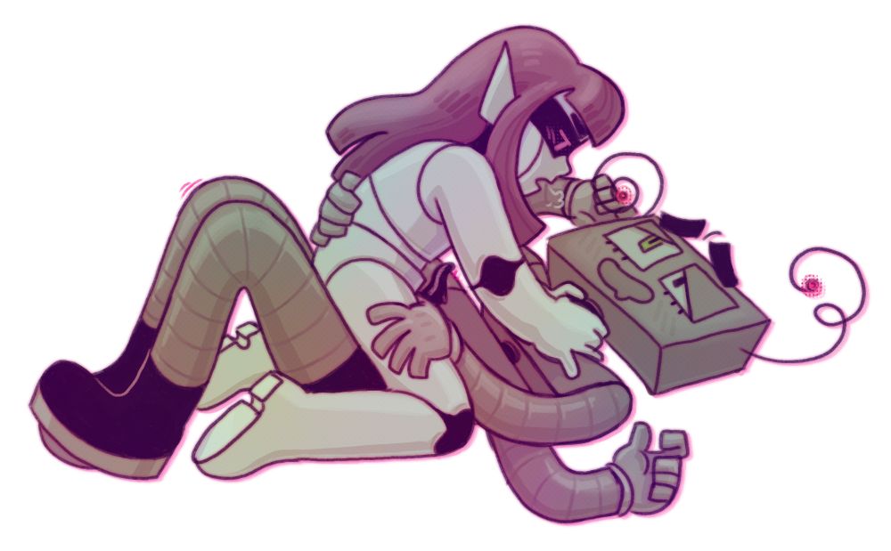 two robot girls having sex. one is white with doll-like joints. she has long straight pink hair, pointy ears, and a screen across her face to display her eyes. the other is tall and gray, with a rectangular head and two chest segments, each with a pair of arms. she also has two swirly antennae with red lights at the end. the tall robot is lying down with the short robot on her lap, sitting on her dick. the short robot, with a tentacle dick out, has a her hands around the tall robots neck and is letting out a puff of breath, while the tall robot has a drooly smile. the tall robot has one hand on the shorter's thigh, one around her back, and the other two are freely resting.