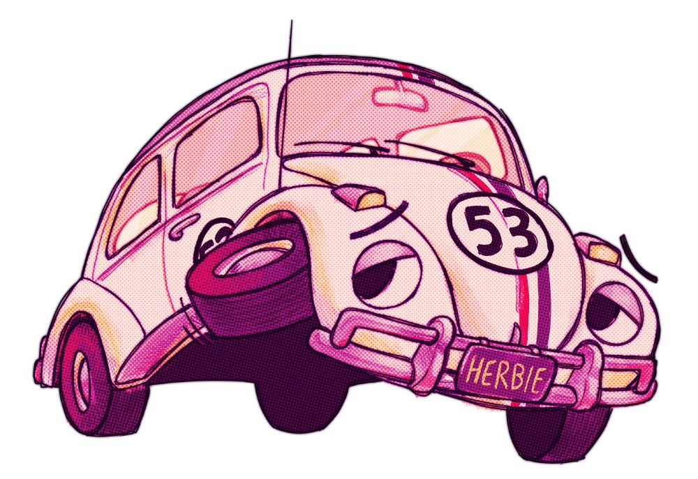 a drawing of herbie the love bug with his headlights as cartoony eyes. he has one of his front wheels lifted and tilted out like he's waving it