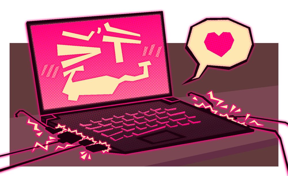 a drawing of a black laptop with a pink screen with a face on it and backlit keyboard. it is sitting on a desk and has multiple cords and a usb stick plugged into its ports, with glowy zigzags around where they are plugged in. its face has one eye closed and one eye half lidded, with a wobbly smile that looks like its drooling and blush lines. beside the laptop is a speech bubble with a heard in it.
