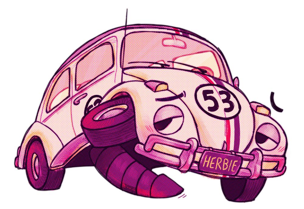 a drawing of herbie the love bug with his headlights as cartoony eyes. he has one of his front wheels lifted and tilted out to show off his dick