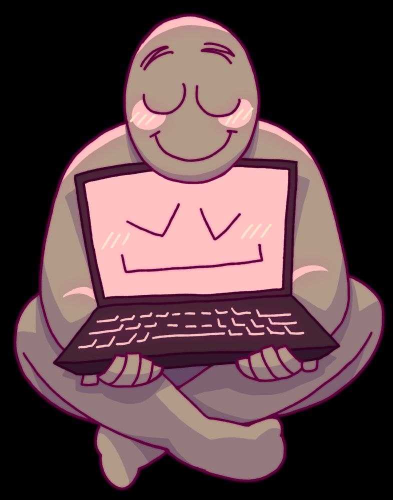 a drawing of a featureless gray person sitting crisscross with a black laptop in their arms, resting their head on top of the laptop's screen. the laptop has a pink screen with a face on it and a pink backlit keyboard. both of them are smiling with their eyes closed.