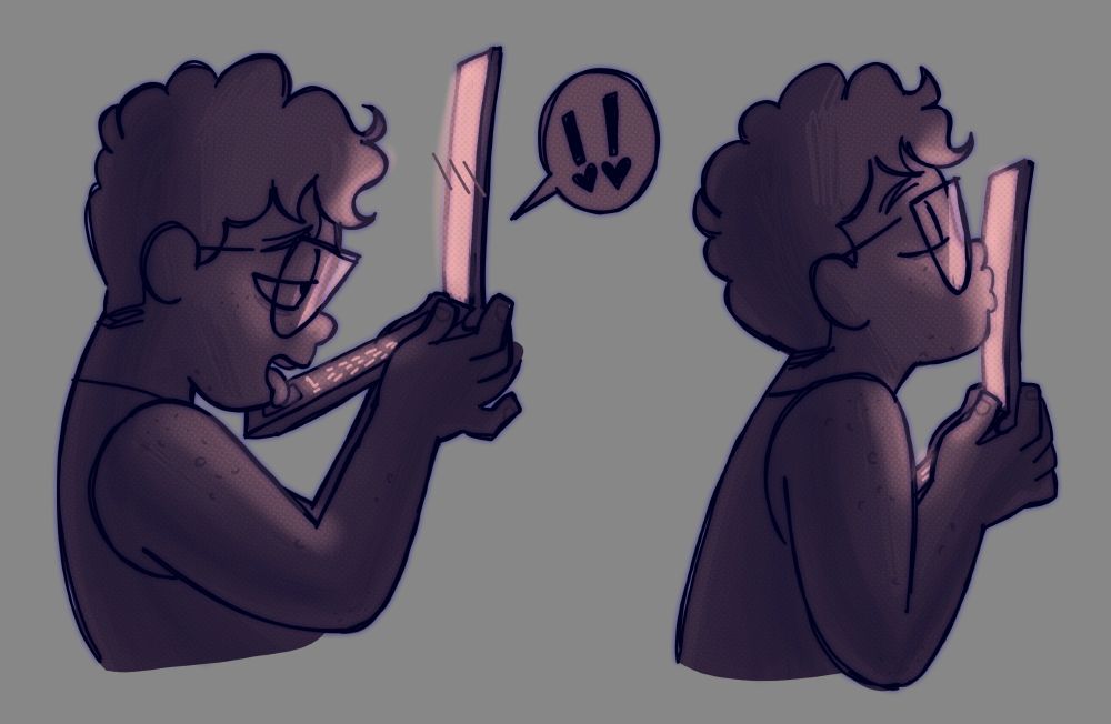 two drawings of a person with short curly hair and glasses, holding a laptop. in the first drawing, the person is licking the laptop's track pad while the laptop is blushing and has a speech bubble with two exclamation points dotted with hearts. in the second drawing, the person is kissing the laptop screen. both drawings are colored with dark purples and light pink as the glow from the laptop screen