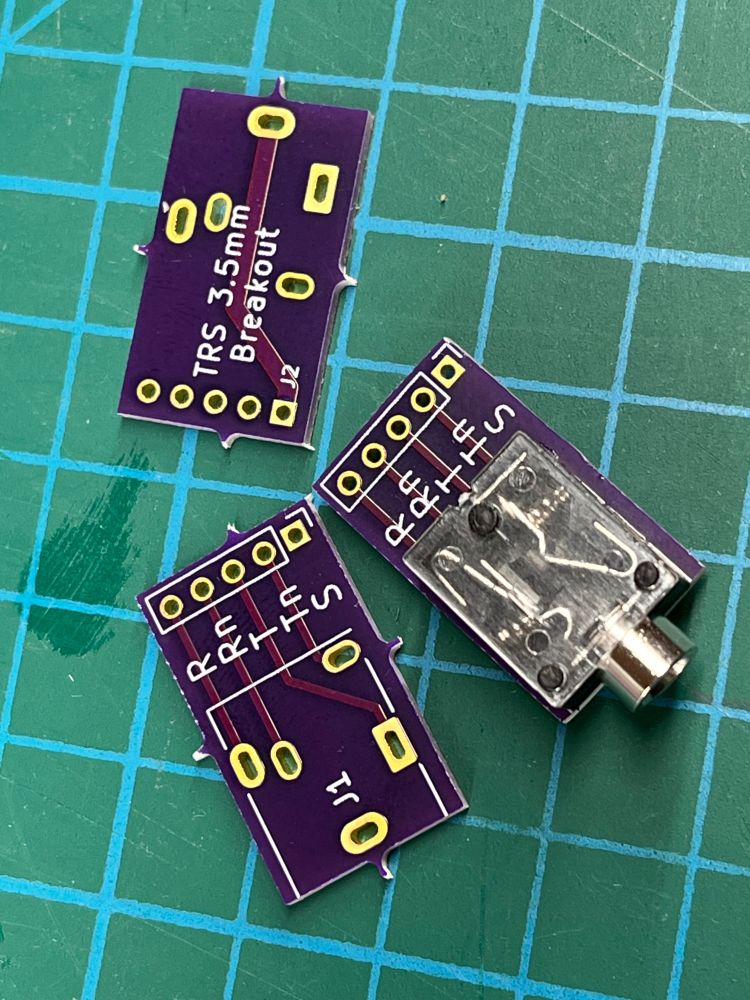 Break out PCB for a 1/8inch type TRS audio jack.  KiCAD library symbol and footprint available via the Circuit Monkey KiCAD libraries.  A corrected version of the F**d Up and wonky KiCAD default library for this part.