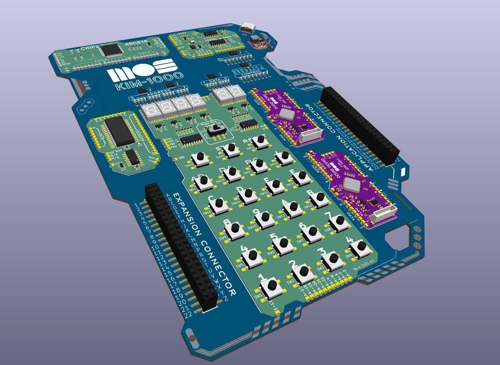 KiVAD render of the MOS KIM-1000.  A modern take on the KIM-1 CPU board from the 1970's.   I really wanted one of the original KIM-1 boards as a kid but, being a kid, no money.  However, when I reached college, my degree included theory and hands on with our very own Z-80 systems that we got to build using raw components and wire wrap!  Worked the same as the KIM-1 and we even had to write our own operating program.  The following semester we got to expand our Z-80s with the peripheral of our choice.  I built a full robot that I'd already been working on since I was 14-ish.  I programmed it to work like the "Big Track" toy. I handed all my original documentation, schematics and code to the professor to get my grade (should have made some photocopies at least).  Never did get any of that back.  This was a couple years before things like floppy disks and ease of and access to printers.
