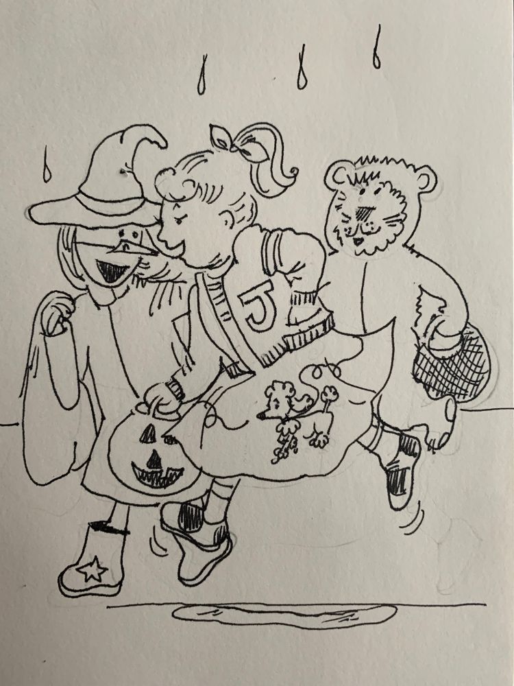 3 kids running and jumping over puddles as they go trick or treating. One is dressed as a witch, one in a fifties outfit complete with poodle skirt and one is dressed as a teddy bear
