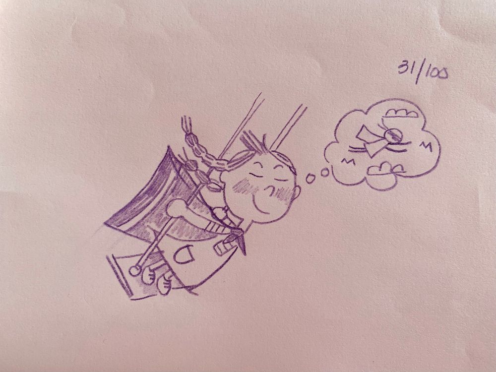 A purple pencil sketch of a little girl with a towel tied around her neck like a cape, her eyes are closed as she dreams of being a superhero flying through the air
