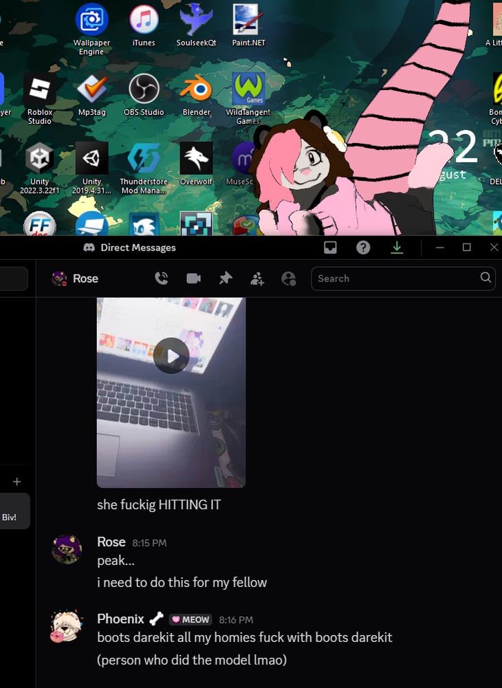 Through MateEngineX, an opossum character (Amy) is sitting atop a discord window that I have open where I am chatting with my friend Rose about it 