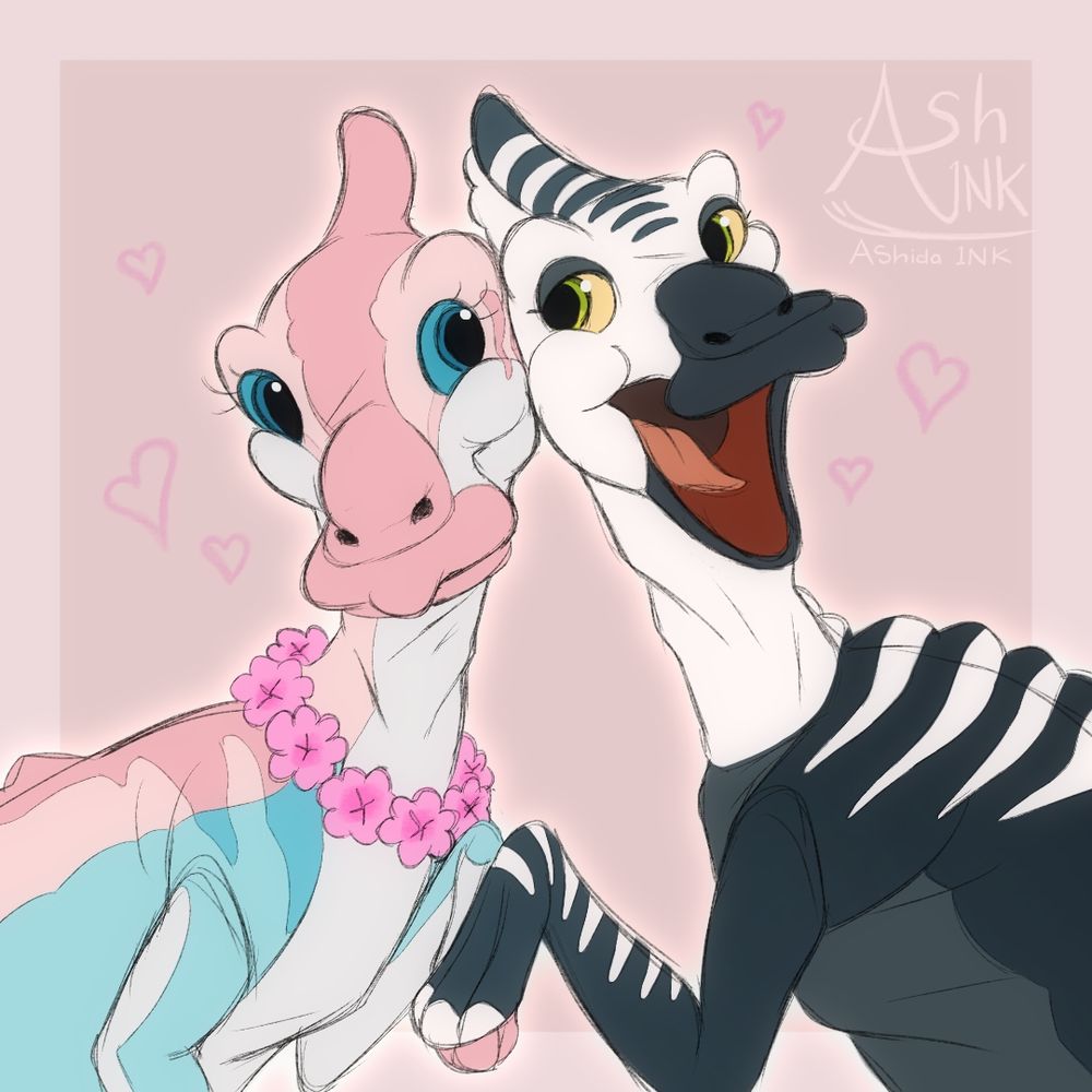 A duo of Parasaurolophus, done in a Land Before Time style, embracing/holding hands cutely and looking at each other affectionately. The one on the left is pink and blue, with a pink flower necklace and blue eyes, while the one on the right, her partner, is gray and white with stripes, with his beak open and a happy look on his face. 