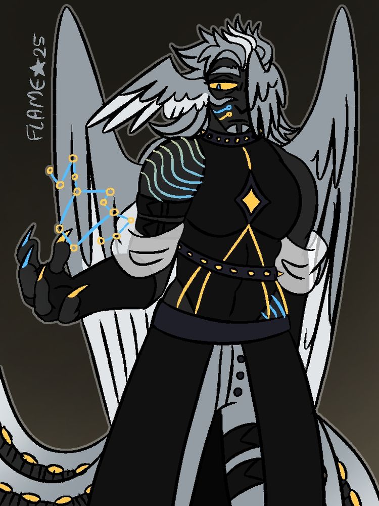 Andrealphus is an avian military supercomputer AI just like Ivy (they're besties btw LOLOLOL). Anyways, he definitely had head wing inspo from Sunday from HSR, his name is derived from a real goetia demon called Andrealphus, who is usually portrayed as a peacock, hence why so many tendrils that form from his back. And he's holding a phoenix constellation, what does it usually represent? That's right, rebirth! He was heavily damaged in ww6 back in 2928, but he was resilient warrior, luckily he got patched up and he came twice as better looking than before :)! Oh and I'd like to think he wishes he was a spaceship unit, but alas, changing designations is unheard of as its a very tedious process and I think Ivy would miss him greatly