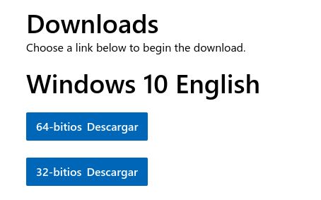 windows 10 english with buttons for downloading it in spanish
