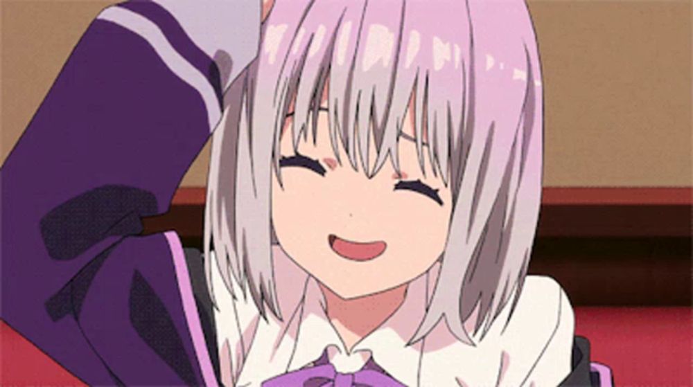 a girl with purple hair is smiling and wearing a purple uniform