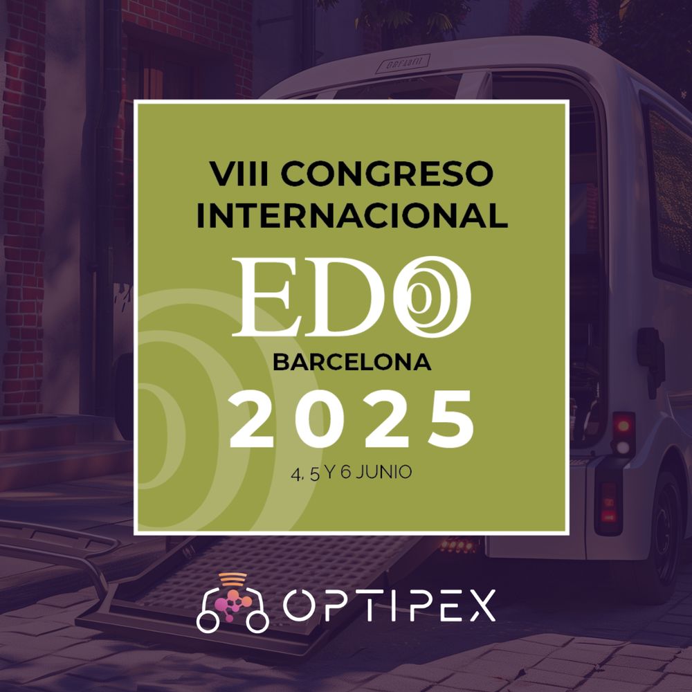 Image is a promotional image for OptiPEx's presence at the 8th International EDO Congress 2025. Image shows a green title card that contains the following text: 'VIII Congreso Internacional EDO Barcelona 2025 4.5 Y6 Junio'. The OptiPEx logo is under the green title card. The background is a faint photograph of a van with a transparent purple overlay.