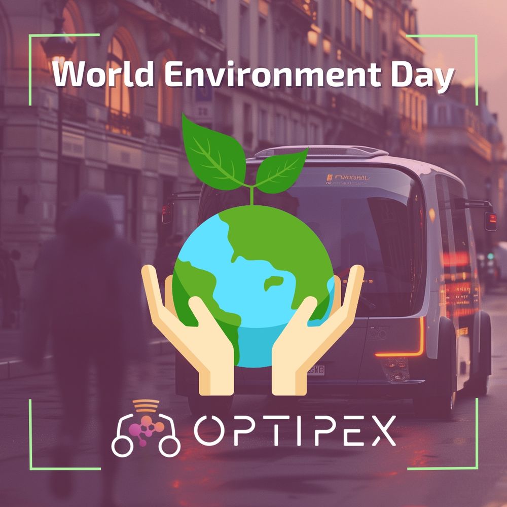 Image shows a graphic of two hands holding the Earth with a plant growing out of it. Behind it is a faded image of people approaching a futuristic-looking bus with buildings behind them. A transparent pink overlay is over the image. The image contains the OptiPEX project's logo following text: 'World Environment Day. OptiPEx'.