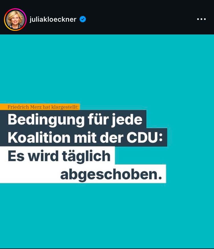 Julia Klöckner fordert auf Insta tägliche Abschiebung als Koalitionsbedingung für die Koalition mit der CDU