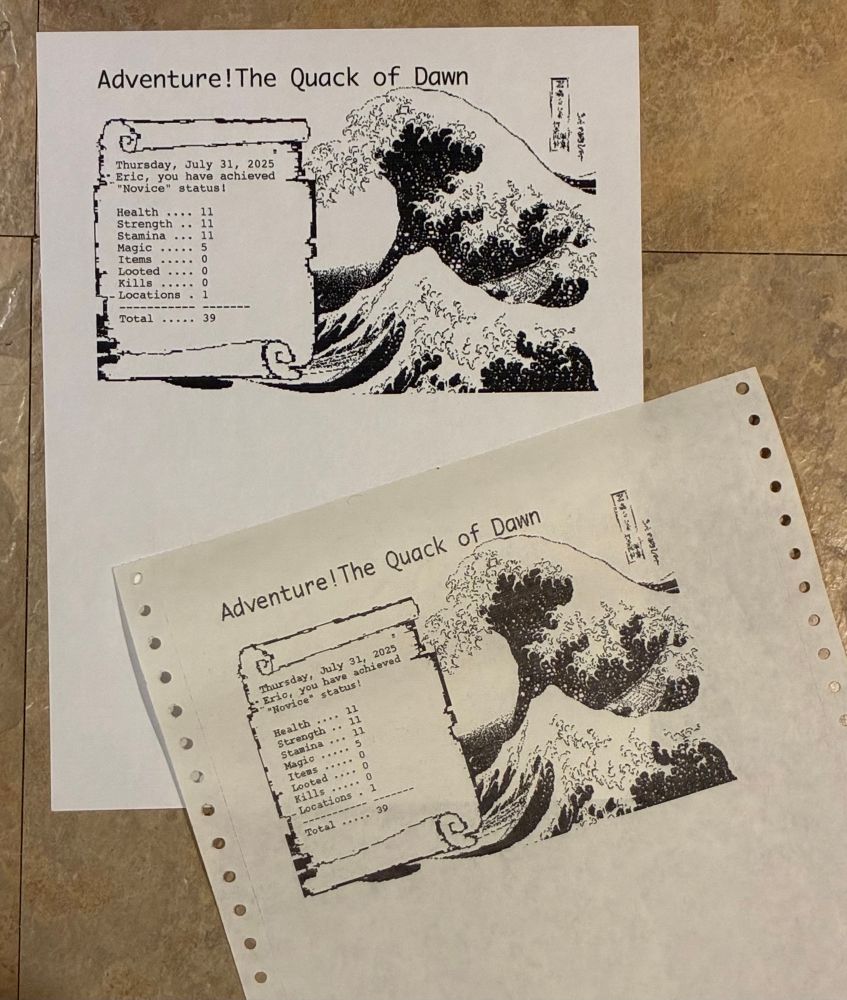 A printable HyperCard game achievement certificate for Adventure! The Quack of Dawn. In the background is a 1 bit rendition of The Great Wave off Kanagwa by Katsushika Hokusai. In the foreground is a tattered scroll with game stats. There are two prints. One is from a StyleWriter II and the second from an ImageWriter II. 