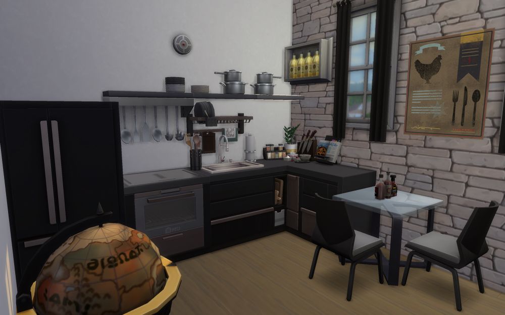 A shot of a tiny kitchen. Clutter sits on the counters and shelves.