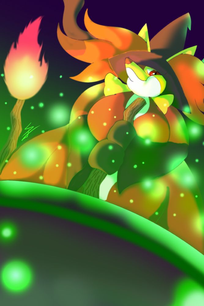 A large plus-size Mega Delphox, a mage-like fox pokemon with a witch robe and hat, stirs a cauldron of green liquid. Halloween-esque fanart by me