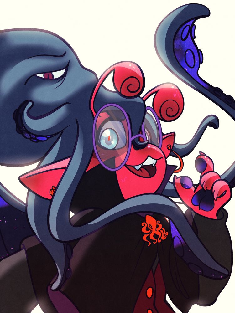 a pink snail furry has a spooky cthulu cultist costume on, backlit by a blinding light