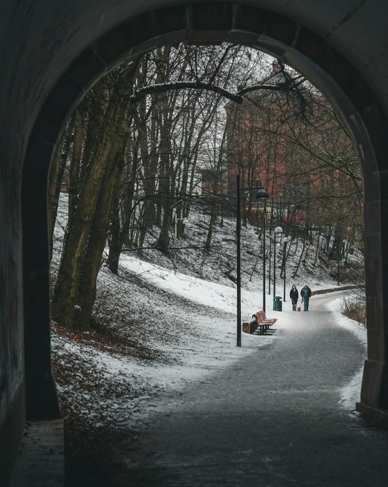 A view through an archway over a paved path lined with large trees and an old brick building. A dusting of snow is on the grass and two people are approaching walking their small dog.