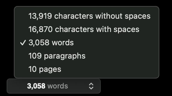 a screenshot from Pages showing the word count (and other related stats) for bree's current WIP. it shows:

13,919 characters without spaces
16,870 characters with spaces
3,058 words
109 paragraphs
10 pages