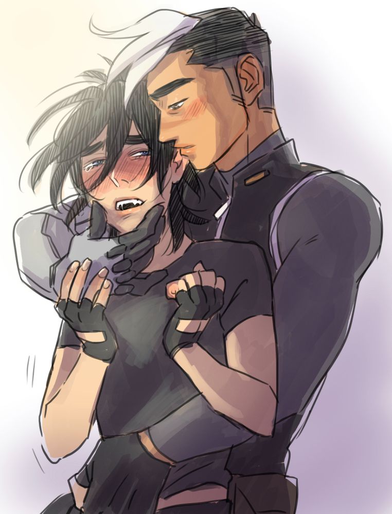 digital drawing of keith and shiro from voltron legendary defender, shiro is holding onto keith's face from behind, shiro has a calm expression on his face while keith looks flushed