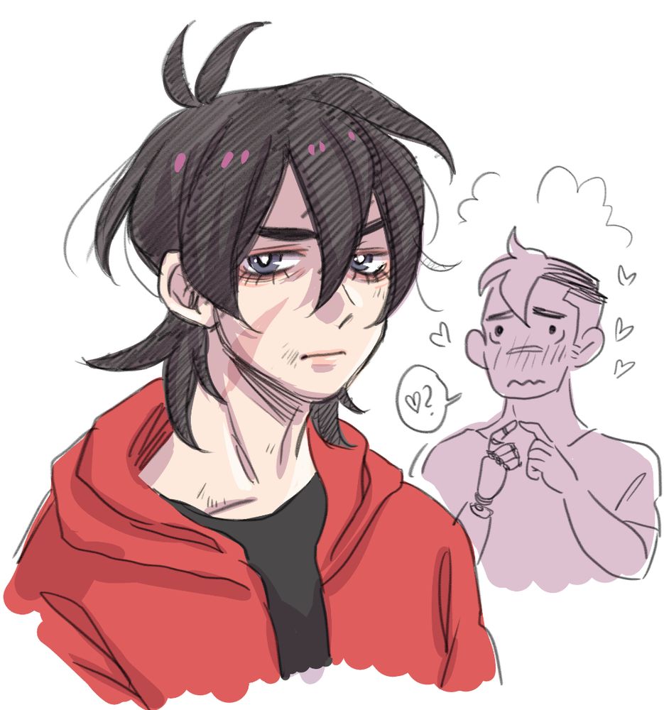 digital doodle of keith looking tired with noticable eyebags and scratches on him - in the background is  a cartoony shiro pining after keith