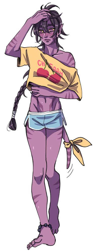 Fullbody drawing of keith from VLD but he's half Galra with purple skin, pointy ears, yellow scleras and a short tail, he's wearing a yellow croptop and booty shorts