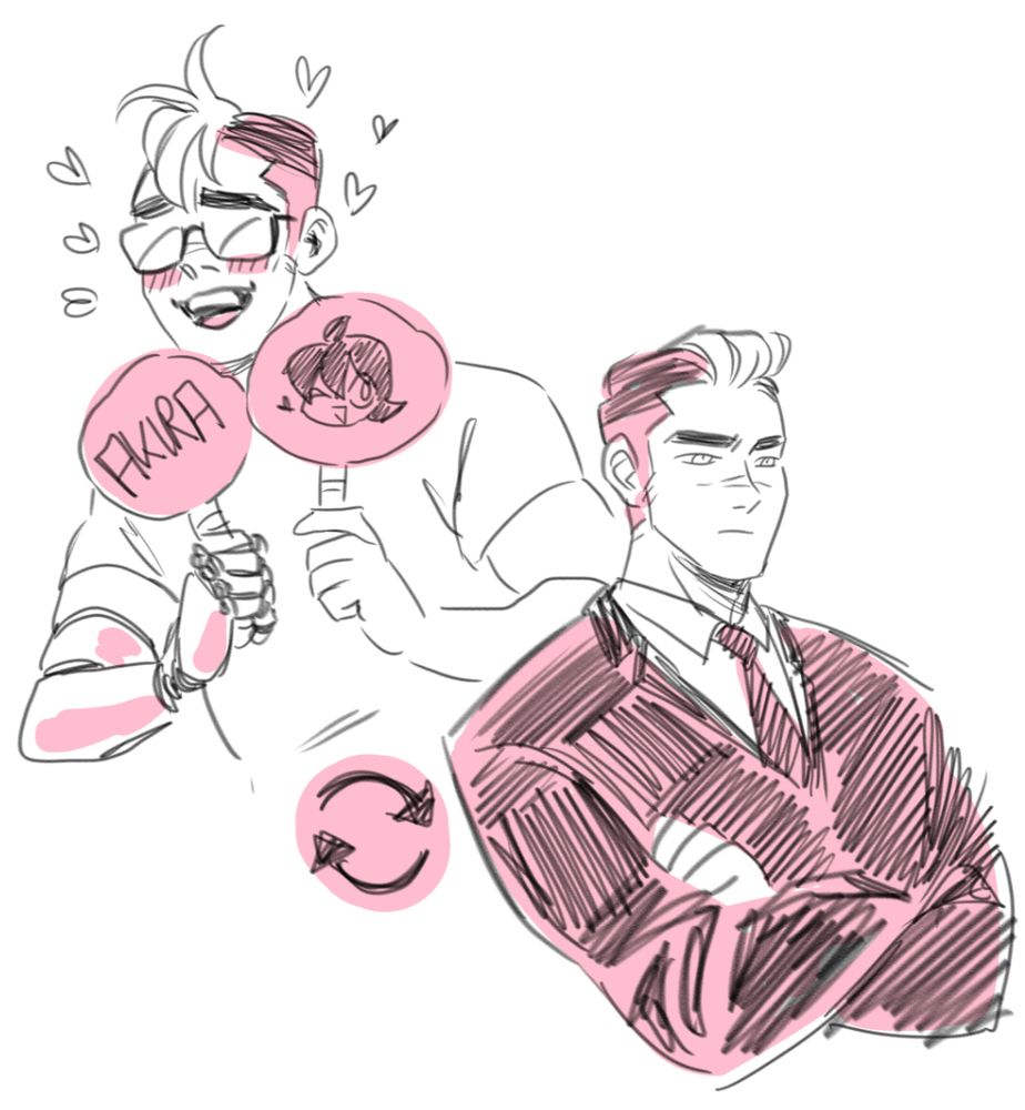doodle of shiro in a suit looking serious and professional and a doodle of shiro in glasses being happy and nerding out about his favorite anime character - showing how these two shiros are the same person