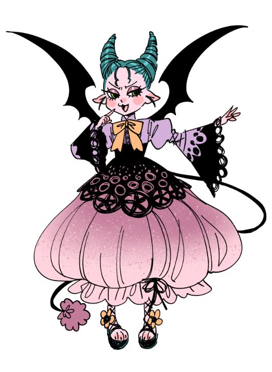 doodle of a character with elf like ears and bat wings, she wears poofy dress with a bow on the collar. Her hair is up in two cone shaped buns mimicking devil horns, she has a tail with pink fluff at the end and paws for feet