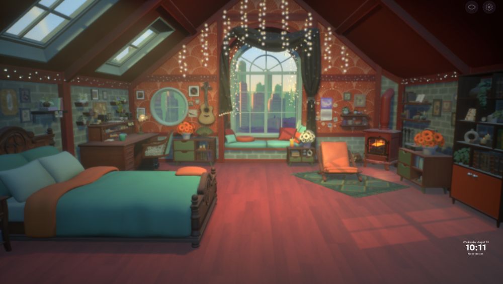screenshot of spirit city lofi bedroom. it's decorated in teal and orange.
pale teal twinkle lights hang from the ceiling, and twinkle lights hang inside the bench bay window
it is not the prettiest or most cohesive room you have ever seen, but it would be a lovely place to spend some time