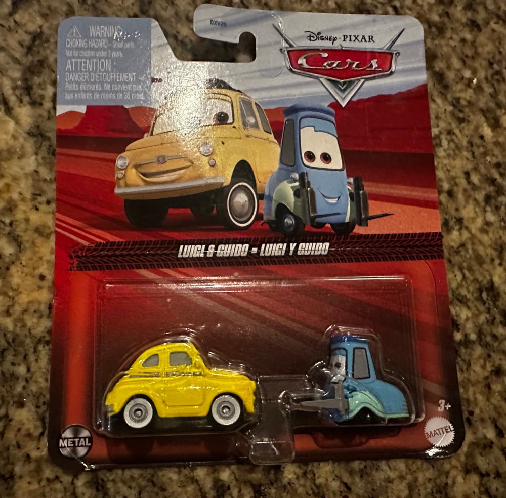 A picture of a Cars two pack of the characters Luigi and Guido. 