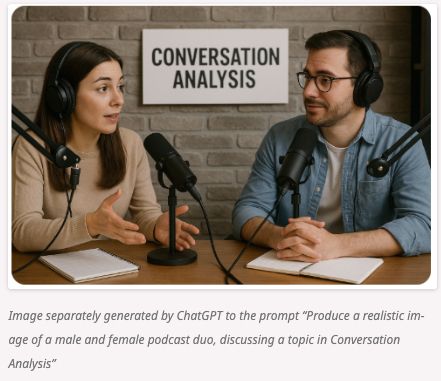 An image generated by ChatGPT to the prompt "Produce a realistic image of a male and female podcast duo, discussing a topic in conversation analysis"