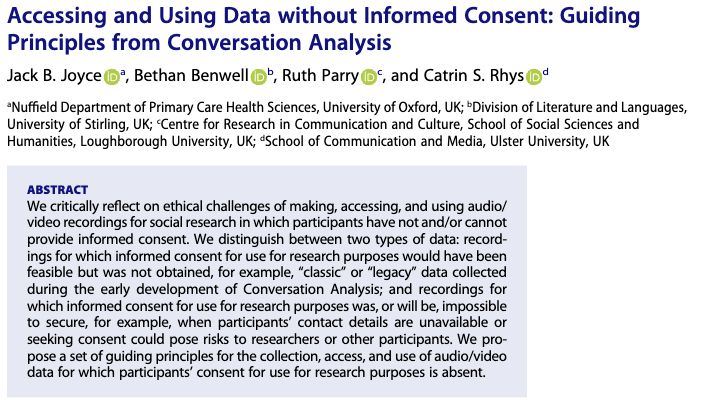 The title and abstract of Joyce et al "accessing and using data without informed consent: guiding principles from conversation analysis" in Rolsi 2025