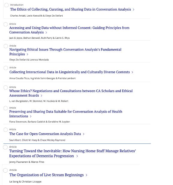 A listing of the titles of the articles in the new addition of research on language and social interaction, including six articles on the ethics of collecting curating and sharing data and conversation analysis