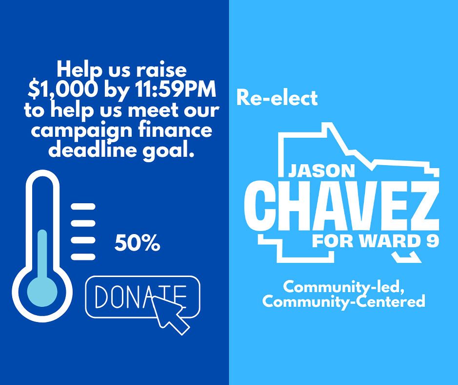 “Help us raise to help us meet our
campaign finance deadline goal.”

There is also a donate logo and thermometer with the words “donate” and an indication that the goal is 50% met along with Jason campaign logo. 

