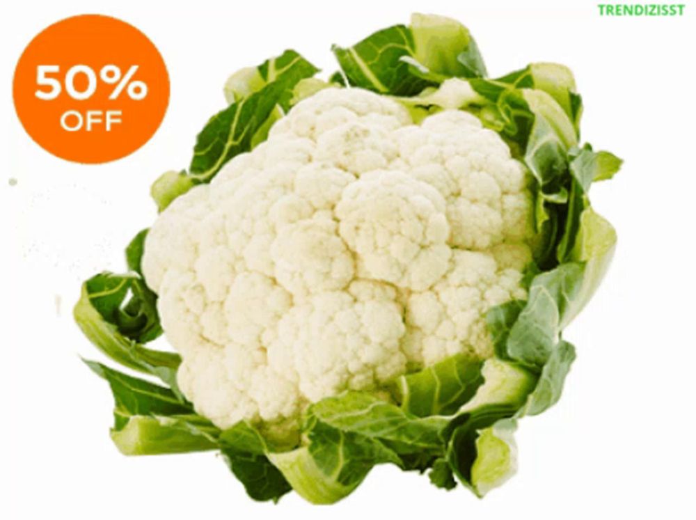 a cauliflower with a 50 % off sign on it