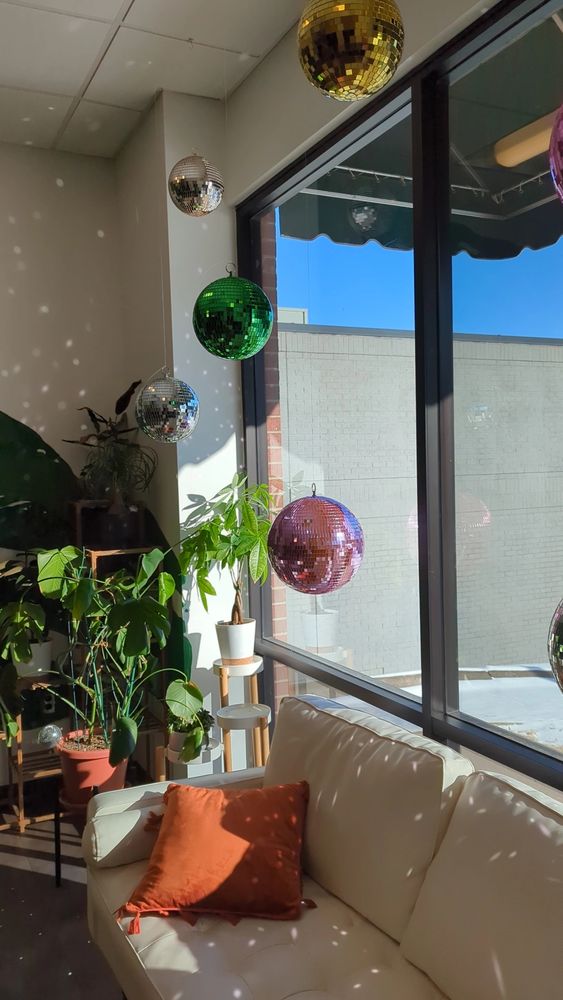 Various colors of disco ball hanging in a window. Plants are in the background